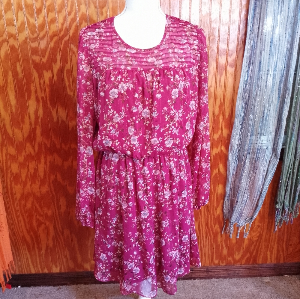 CURE Long Sleeve Dress Semi Sheer Top Elastic Waist Floral Gold Threads